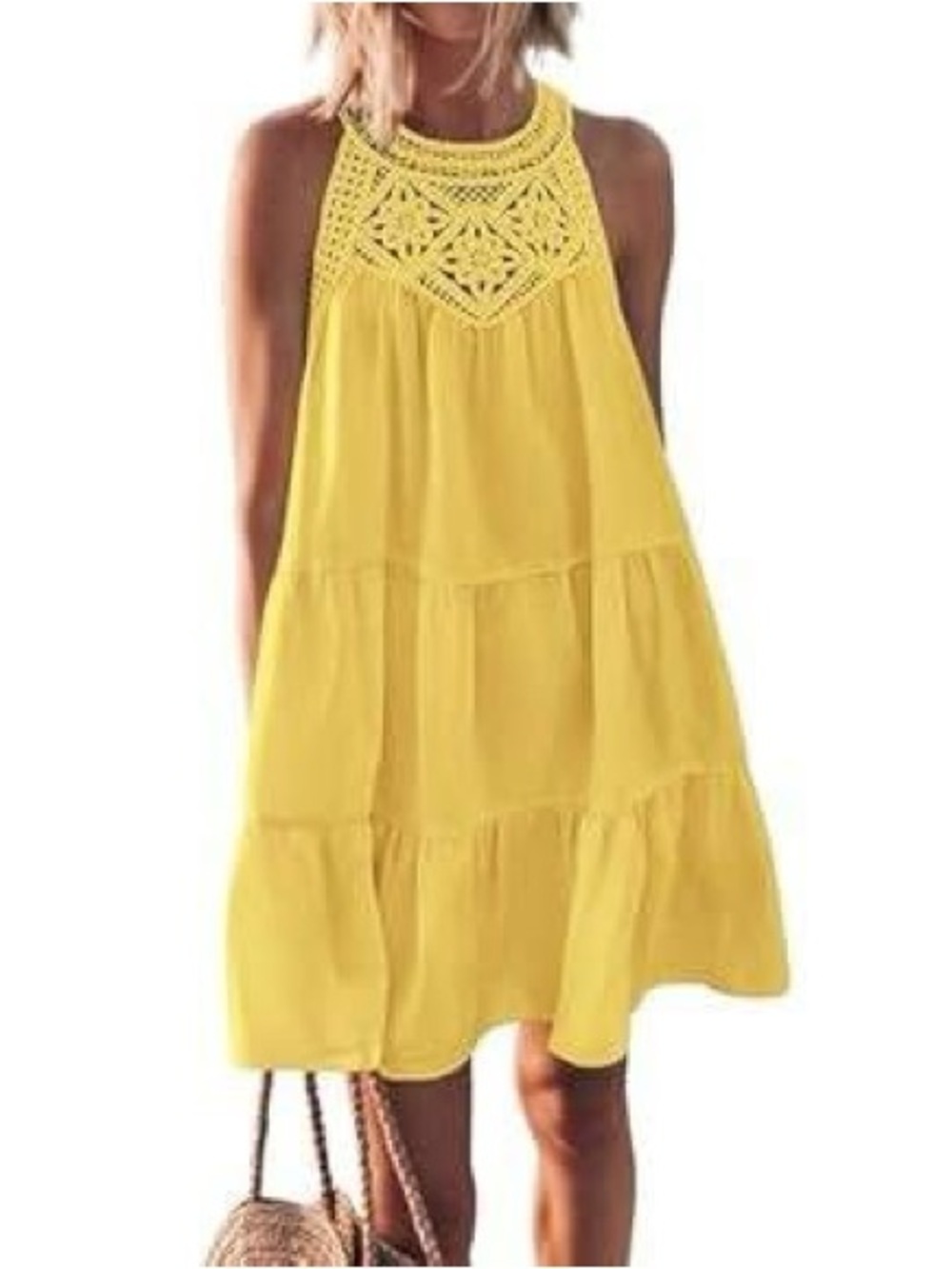 KIRUNDO Yellow Halter Neck Crochet Boho Tiered Mini Dress - Size Small